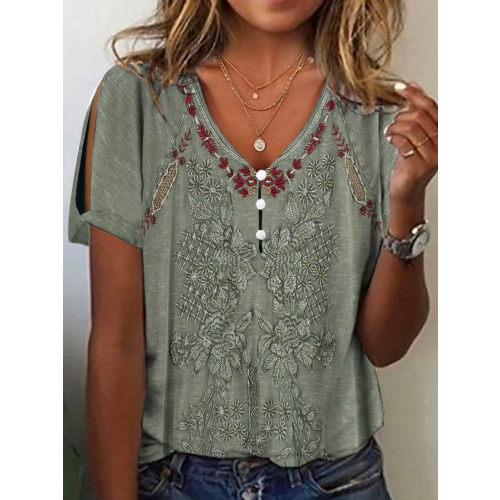 Ethnic Buttoned T-Shirt for Women Casual V Neck Western Style Tops