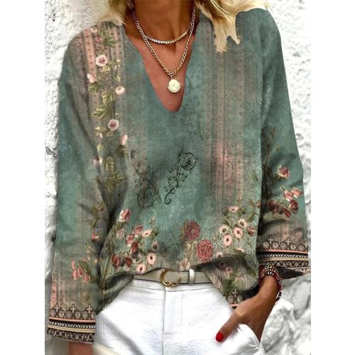 Women's V Neck T-Shirt Ethnic Loose Long Sleeve T-Shirt