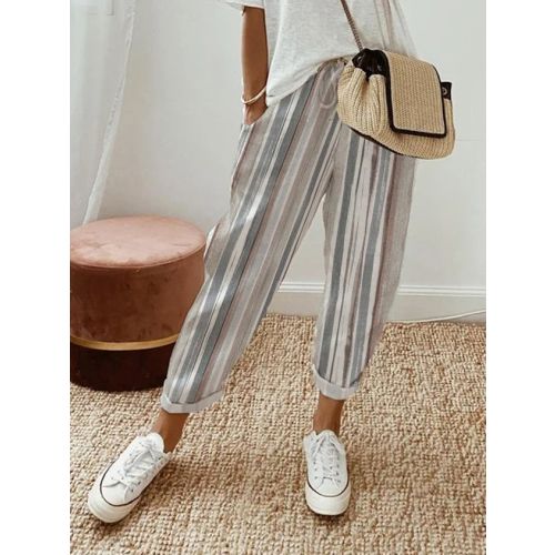 Striped Casual Pockets Loose Elastic Waist Pants