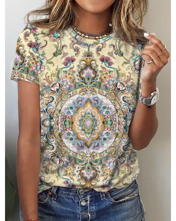 Women's Boho T-Shirt Crew Neck Ethnic Tops Multicolor Green Blue Pink