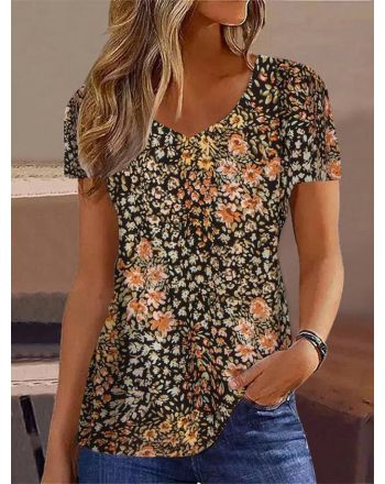 Loose V Neck Casual Floral Shirt