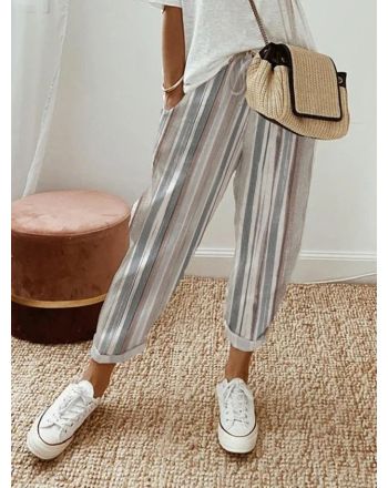 Striped Casual Pockets Loose Elastic Waist Pants